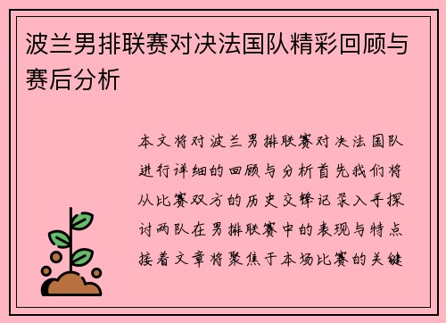 波兰男排联赛对决法国队精彩回顾与赛后分析