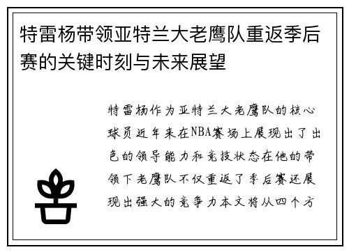 特雷杨带领亚特兰大老鹰队重返季后赛的关键时刻与未来展望