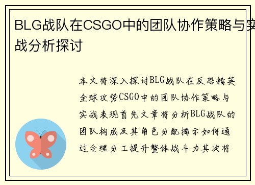 BLG战队在CSGO中的团队协作策略与实战分析探讨