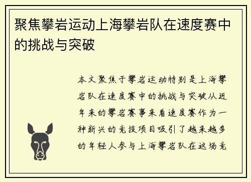 聚焦攀岩运动上海攀岩队在速度赛中的挑战与突破