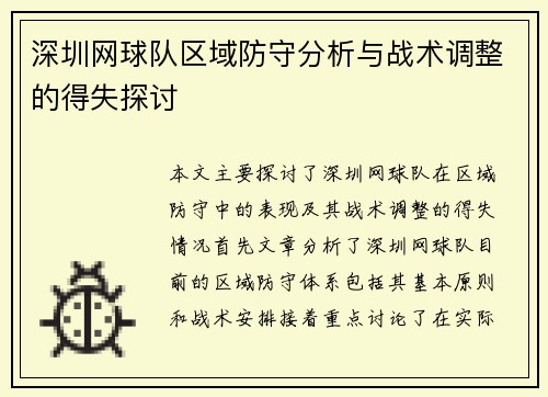 深圳网球队区域防守分析与战术调整的得失探讨