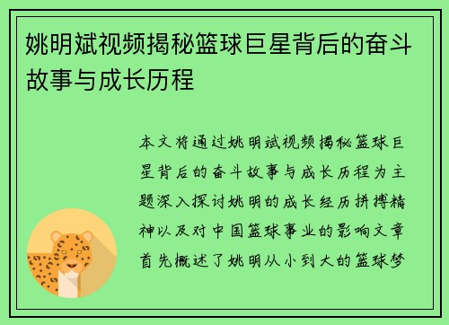 姚明斌视频揭秘篮球巨星背后的奋斗故事与成长历程