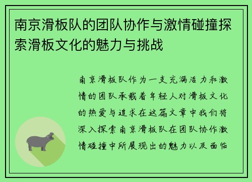 南京滑板队的团队协作与激情碰撞探索滑板文化的魅力与挑战