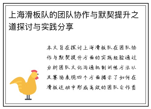上海滑板队的团队协作与默契提升之道探讨与实践分享