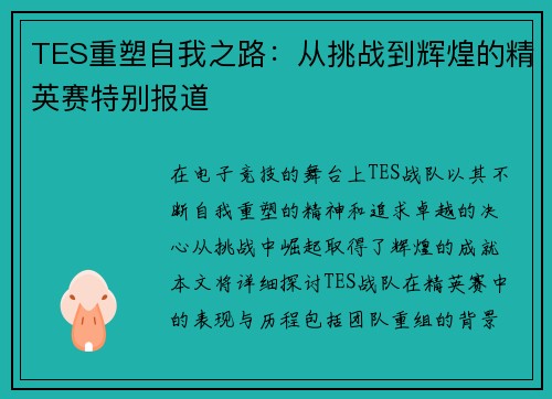 TES重塑自我之路：从挑战到辉煌的精英赛特别报道