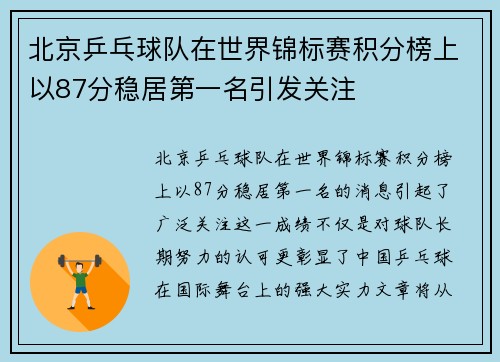 北京乒乓球队在世界锦标赛积分榜上以87分稳居第一名引发关注